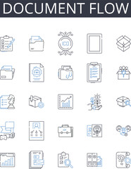 Fototapeta na wymiar Document flow line icons collection. Workflow management, Information stream, Business process, Task sequence, Process flowchart, Data pipeline, Content delivery vector and linear illustration