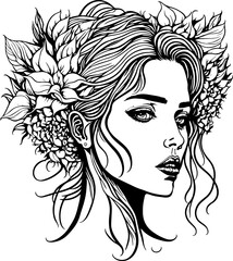 Abstract line art of a beautiful female with flowers in her hair, line drawing