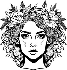Abstract line art of a beautiful female with flowers in her hair, line drawing