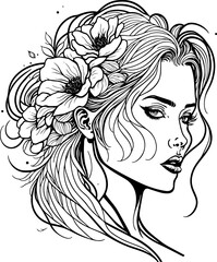 Abstract line art of a beautiful female with flowers in her hair, line drawing
