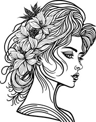 Abstract line art of a beautiful female with flowers in her hair, line drawing