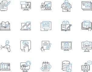 Sales training line icons collection. Coaching, Techniques, Motivation, Pitching, Prospecting, Negotiation, Closing vector and linear illustration. Strategy,Skills,Objections outline signs set