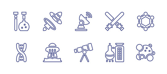 Science line icon set. Editable stroke. Vector illustration. Containing test tube, portal, satellite dish, lightsaber, molecule, dna, ufo, telescope, distillation, staphylococcus.