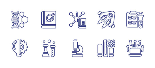 Science line icon set. Editable stroke. Vector illustration. Containing engineering, science book, science, spaceship, idea, microscope, science research, computer science.