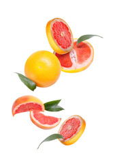 Flying grapefruits on white background