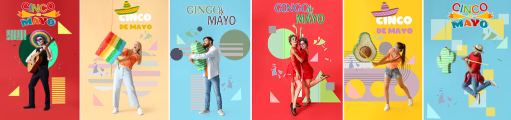 Collage of banners for Cinco De Mayo (Spanish for Fifth of May) on color backgrounds
