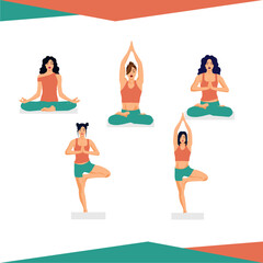 A set of a young woman performing physical exercises and demonstrating yoga asanas on light background. i love yoga. Flat vector illustration.