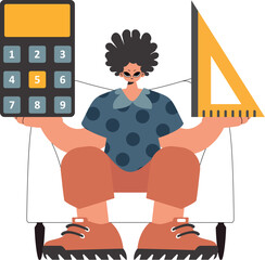 The individual holds a ruler and a calculator in his hands, limited on a white establishment. Trendy style, Vector Illustration