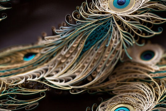 a beautiful 3D design wallpaper of a peacock feathers, using quilling technique, tile image, AI Generative