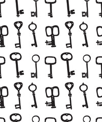 Old key seamless pattern doodle black and white illustration linocut style