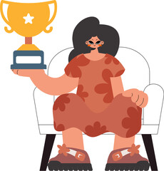 The energized woman holds the glass of the victor in her hands, kept on a white establishment. Trendy style, Vector Illustration