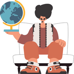 The fellow holds a globe in his hands, confined on a white foundation. Trendy style, Vector Illustration