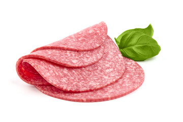 Thin salami sausage slices, isolated on white background.