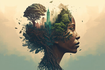 Double exposure woman profile and nature mental health earth day illustration generative ai	