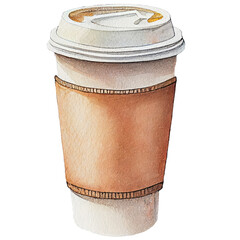 Paper cup of coffee, watercolor illustration, Isolated on transparent background. Generative AI
