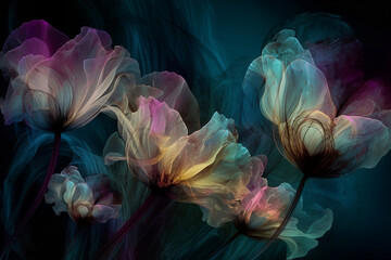 abstract translucent multicolored flowers on dark background