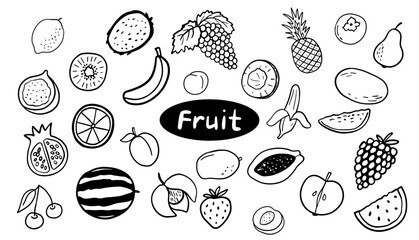Lemon, apple, banana doodle illustrations. Outline cute fruits isolated on white