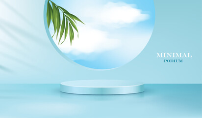 vector illustration blue color round podium in 3d room and palm leaves and blue sky behind the wall.3d illustration. use for cosmetic presentation background.