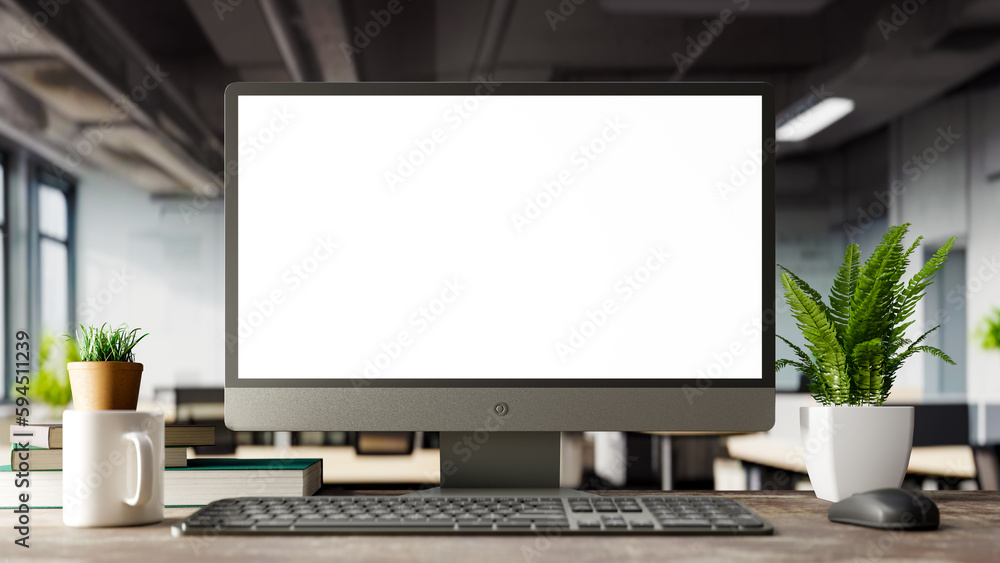 Poster computer monitor screen mockup with office background, 3d rendering