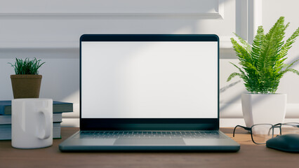Fototapeta premium Mockup of a laptop screen on a wooden desk in front of a white wall , 3d rendering