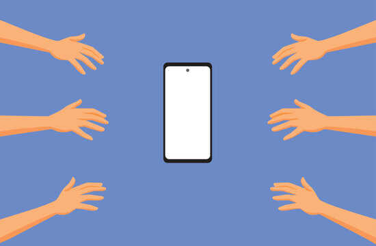 Hands Reaching to Grab a Mobile Phone Vector Concept Illustration. People feeling obsessed with technology rushing to the smartphone
