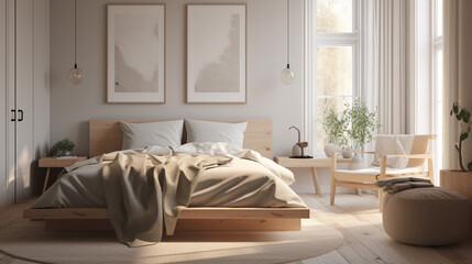 Fototapeta na wymiar a minimalist bedroom with a neutral color, generative ai