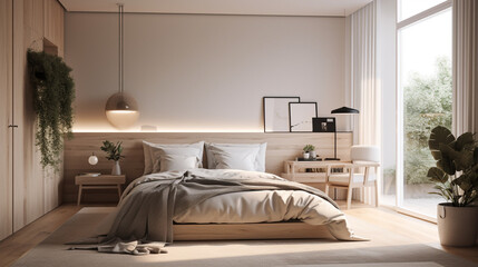 a minimalist bedroom with a neutral color, generative ai