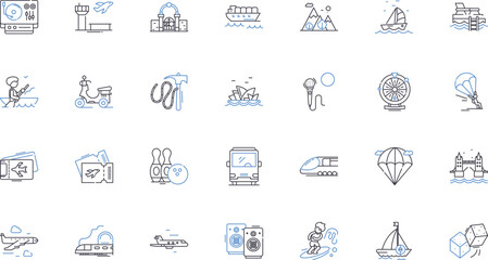 Fototapeta premium Excursion line icons collection. Adventure, Sightseeing, Escape, Exploration, Journey, Tour, Trek vector and linear illustration. Trip,Safari,Expedition outline signs set