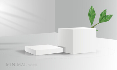 vector illustration white 3d box podium and leaves design template,use for cosmetic presentation background. and beautiful studio platform.