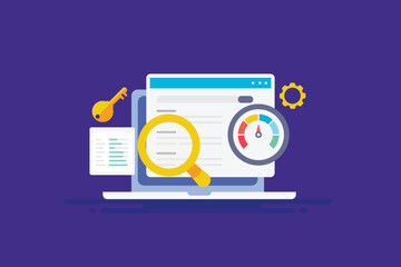 SEO performance report on laptop screen with keyword ranking, website traffic data, site loading speed and other algorithm measurement, vector illustration.