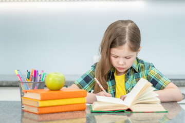 Smart little girl doing homework at home