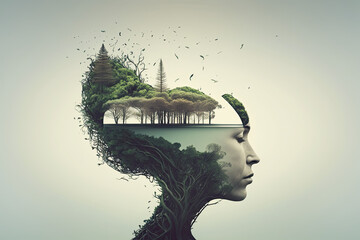 Double exposure woman profile and nature mental health earth day illustration generative ai	
