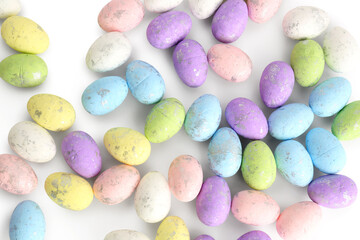 Heap of beautiful Easter eggs on white background, closeup