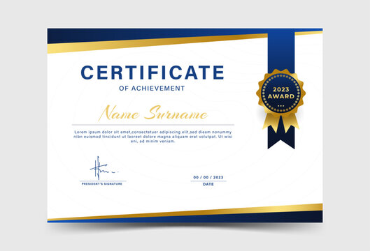 Award Certificate Template Layout with Badges, blue and gold gradation, luxury, elegant, eps 10