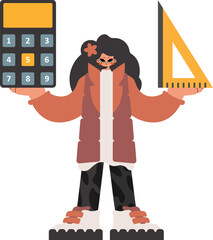 The energized lady holds a ruler and a calculator in her hands, kept on a white foundation. Trendy style, Vector Illustration