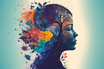 Double exposure woman profile and nature mental health earth day illustration generative ai	