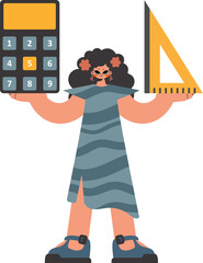 The energized woman holds a ruler and a calculator in her hands, kept on a white establishment. Trendy style, Vector Illustration