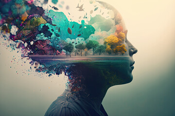 Double exposure woman profile and nature mental health earth day illustration generative ai	