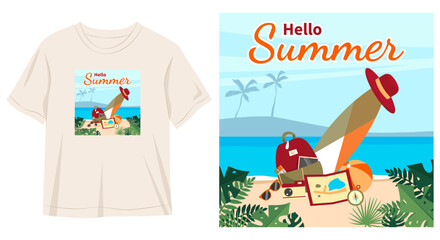 Fototapeta premium hello summer tshirt with colorful summer background