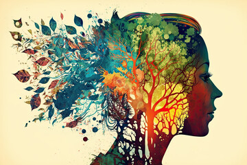 Double exposure woman profile and nature mental health earth day illustration generative ai	