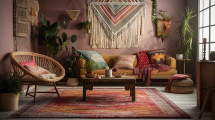 A bohemian vintage living room with a colorful rug, generative ai