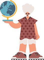The individual holds a globe in his hands, kept on a white establishment. Trendy style, Vector Illustration