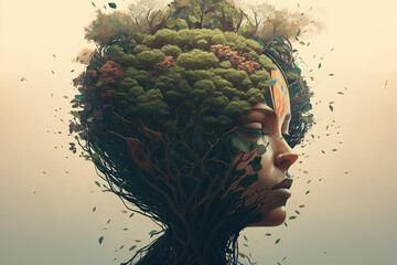 Double exposure woman profile and nature mental health earth day illustration generative ai	