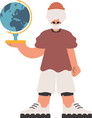 The person holds a globe in his hands, kept on a white foundation. Trendy style, Vector Illustration