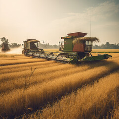 Fototapeta premium Harvester machine to harvest wheat field working. Combine harvester agriculture machine harvesting golden ripe wheat field. Agriculture