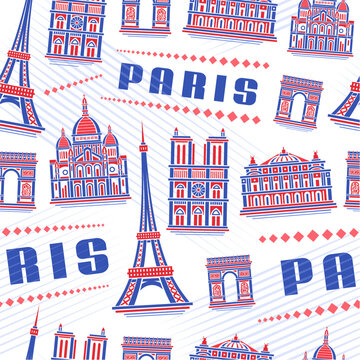 Vector Paris Seamless Pattern, square repeat background with illustration of famous european paris city scape on white background for wrapping paper, decorative line art urban poster with text paris