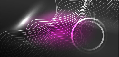 Neon laser lines, circles waves abstract background. Neon light or laser show, electric impulse, power lines, techno quantum energy impulse, magic glowing dynamic lines