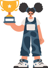 The energized woman holds the glass of the victor in her hands, kept on a white establishment. Trendy style, Vector Illustration