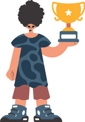 The individual holds the winner's glass in his hands, compelled on a white establishment. Trendy style, Vector Illustration