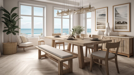 Fototapeta na wymiar A coastal dining room with a large wooden table, generative ai